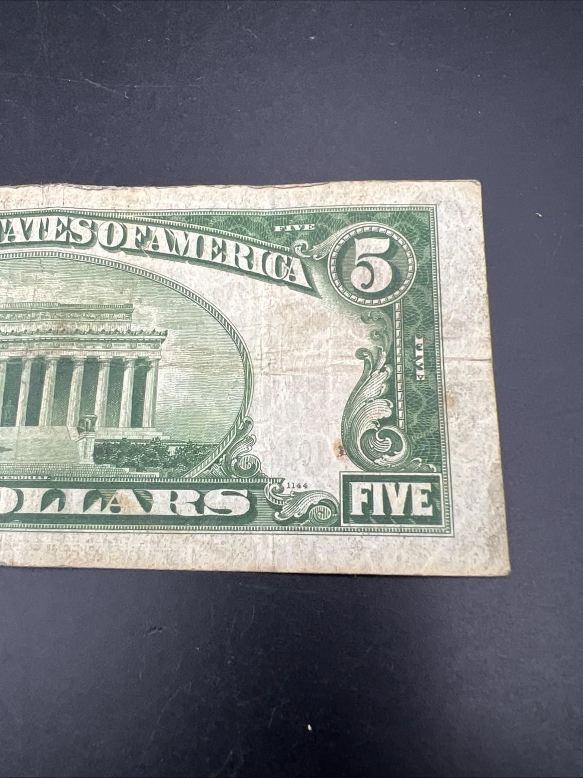 1934 A $5 Silver Certificate Note Blue Seal Bill VG Very Good Circ #279