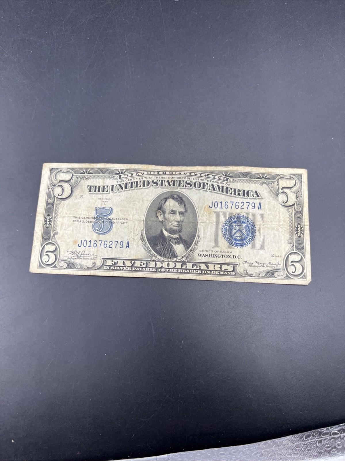 1934 A $5 Silver Certificate Note Blue Seal Bill VG Very Good Circ #279