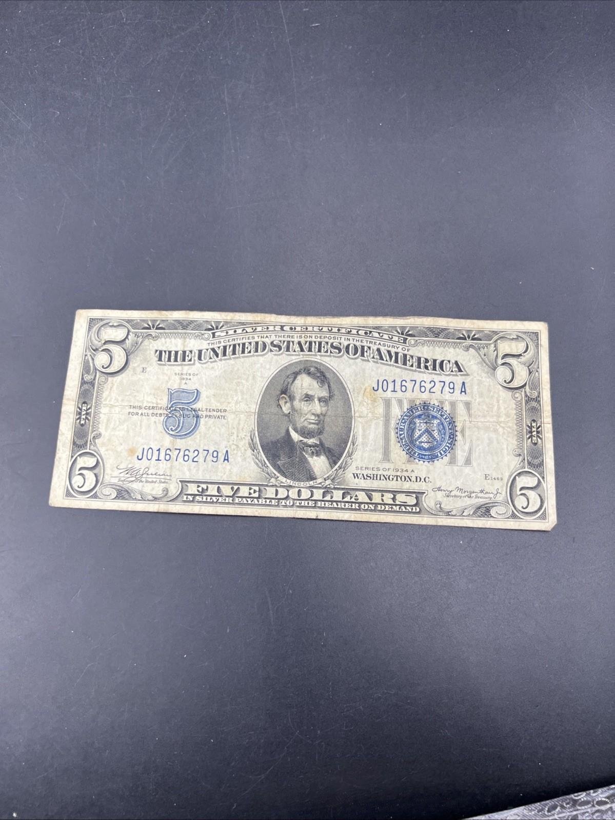 1934 A $5 Silver Certificate Note Blue Seal Bill VG Very Good Circ #279