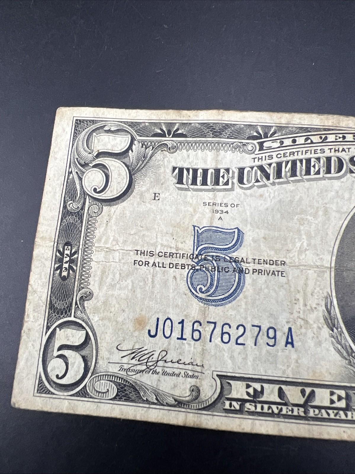 1934 A $5 Silver Certificate Note Blue Seal Bill VG Very Good Circ #279