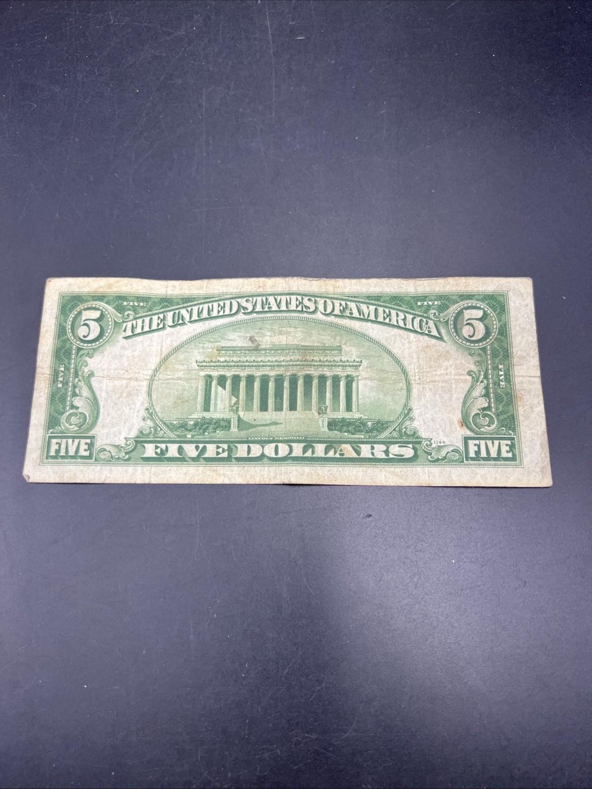 1934 A $5 Silver Certificate Note Blue Seal Bill VG Very Good Circ #279