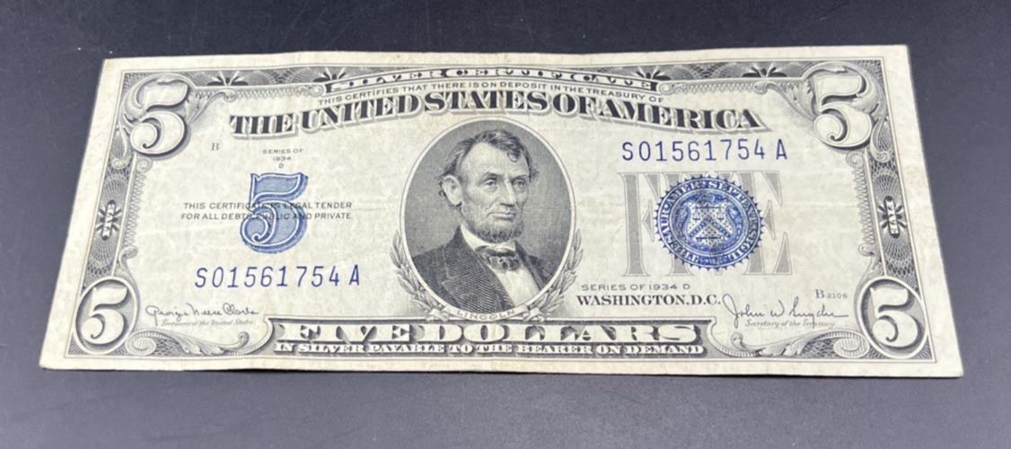 1934 D $5 Silver Certificate Note Blue Seal Bill VF Very Fine #754
