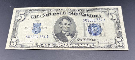 1934 D $5 Silver Certificate Note Blue Seal Bill VF Very Fine #754