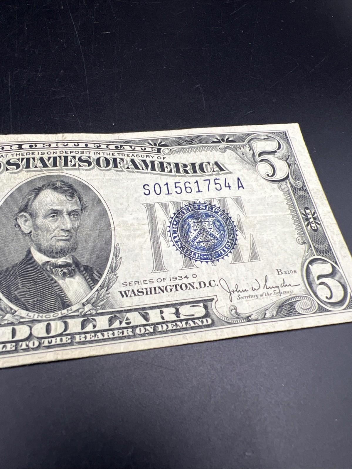1934 D $5 Silver Certificate Note Blue Seal Bill VF Very Fine #754