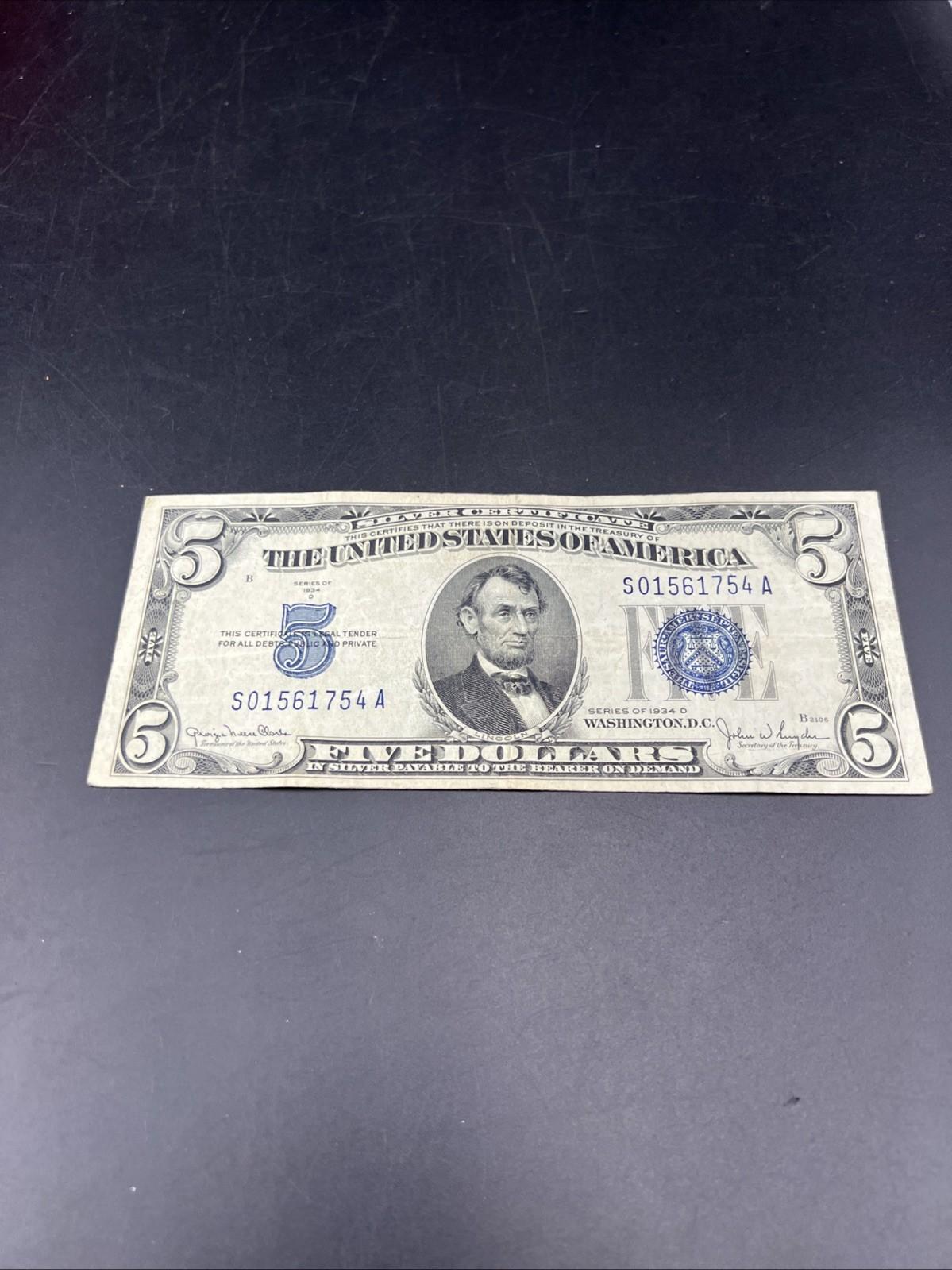 1934 D $5 Silver Certificate Note Blue Seal Bill VF Very Fine #754