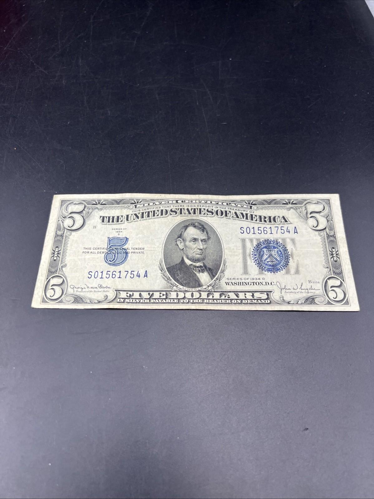 1934 D $5 Silver Certificate Note Blue Seal Bill VF Very Fine #754