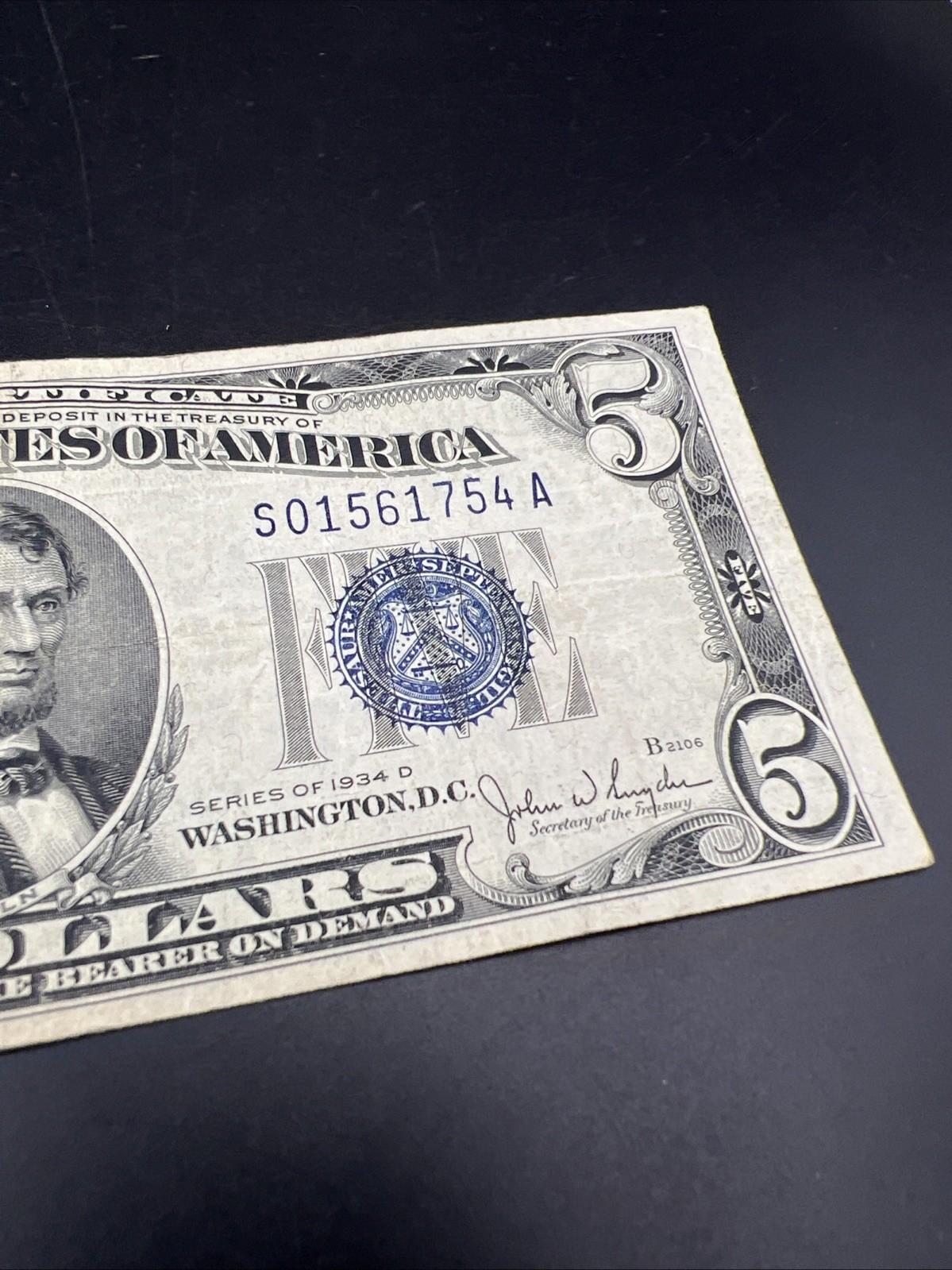 1934 D $5 Silver Certificate Note Blue Seal Bill VF Very Fine #754