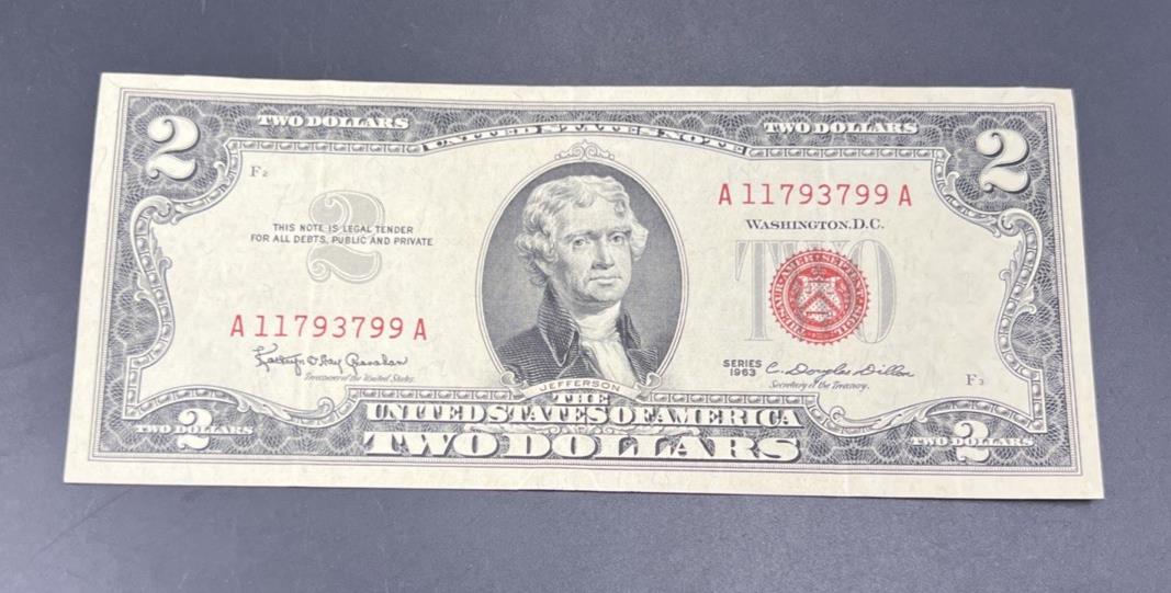 1963 Two Dollar USN United States Note Red Seal XF EF Extra Fine Neat ...