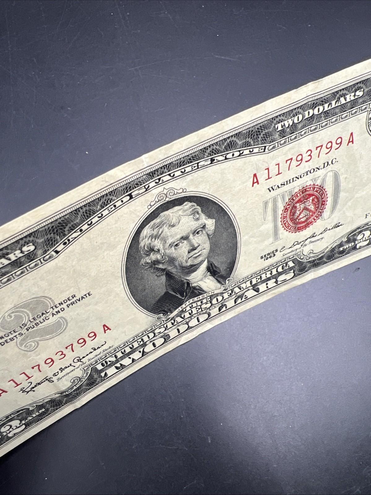 1963 Two Dollar USN United States Note Red Seal XF EF Extra Fine Neat Serial #