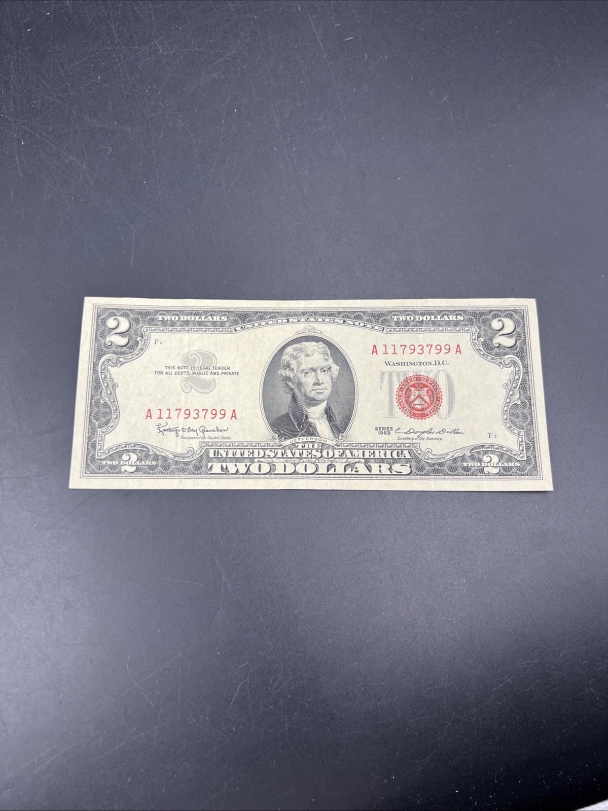 1963 Two Dollar USN United States Note Red Seal XF EF Extra Fine Neat Serial #