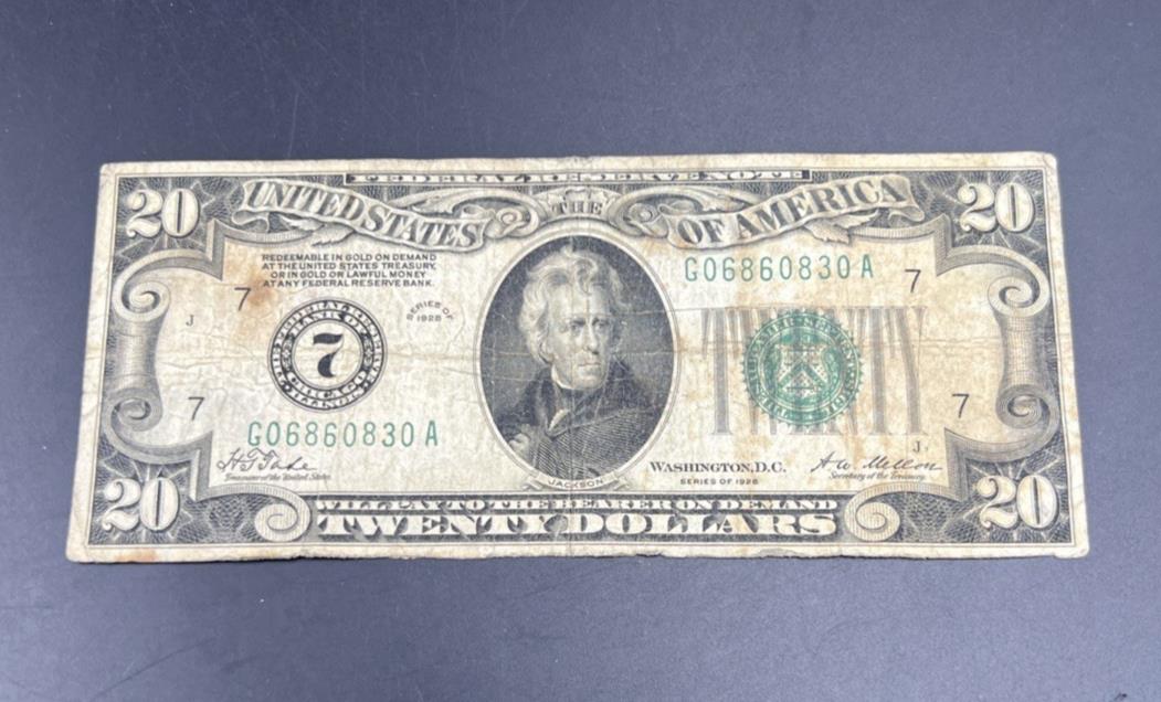 1928 $20 FRN Gold On Demand Federal Reserve Note G / VG Very Circ #830