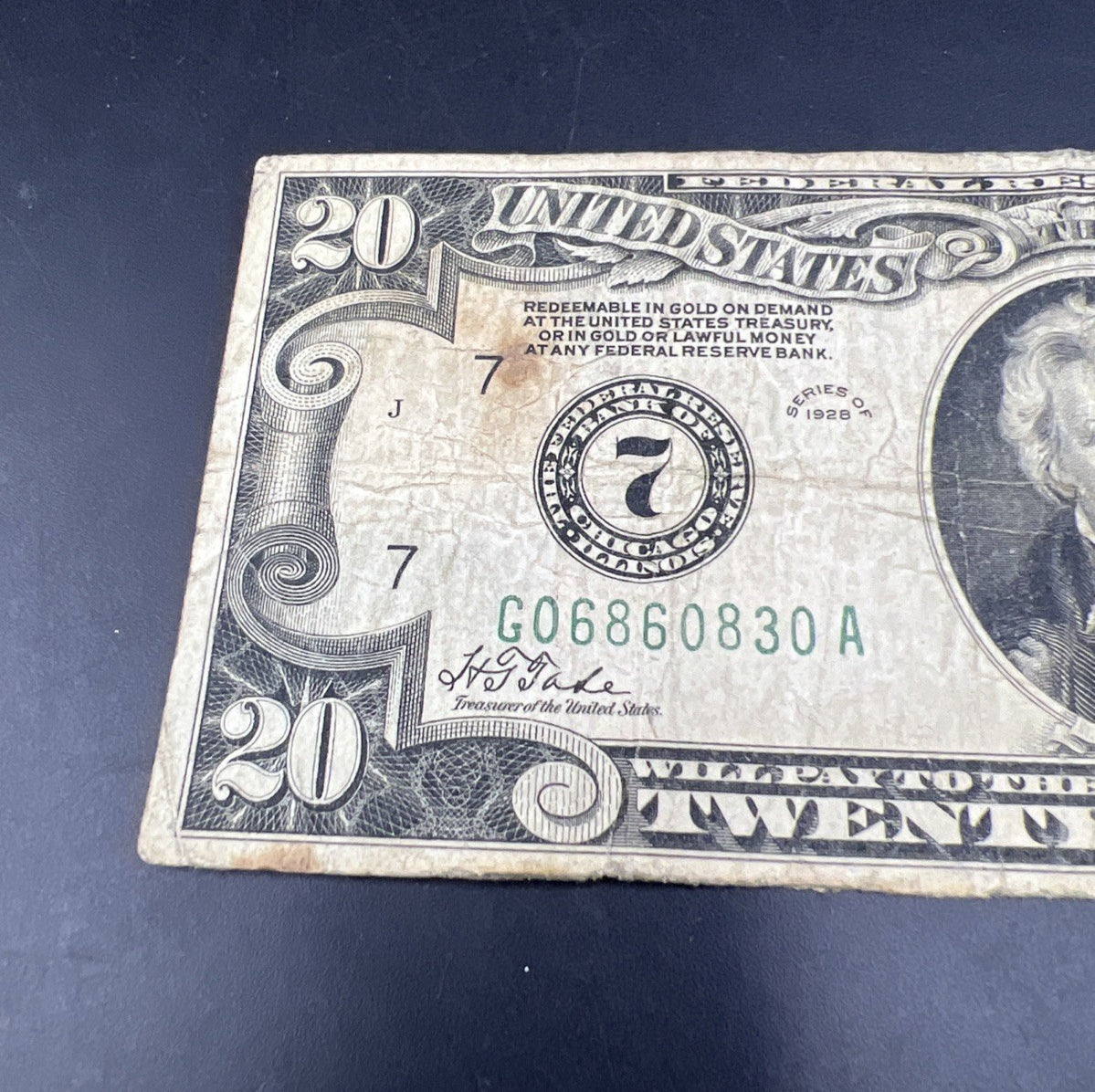 1928 $20 FRN Gold On Demand Federal Reserve Note G / VG Very Circ #830