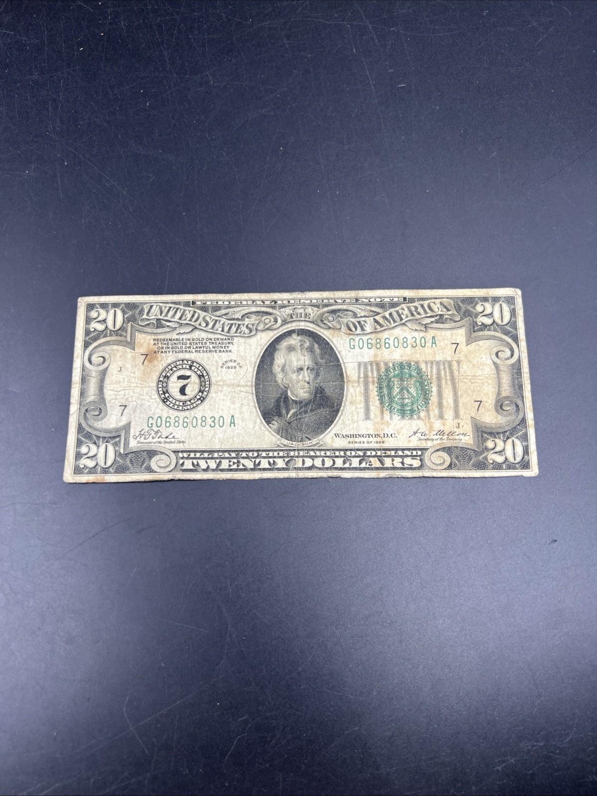 1928 $20 FRN Gold On Demand Federal Reserve Note G / VG Very Circ #830