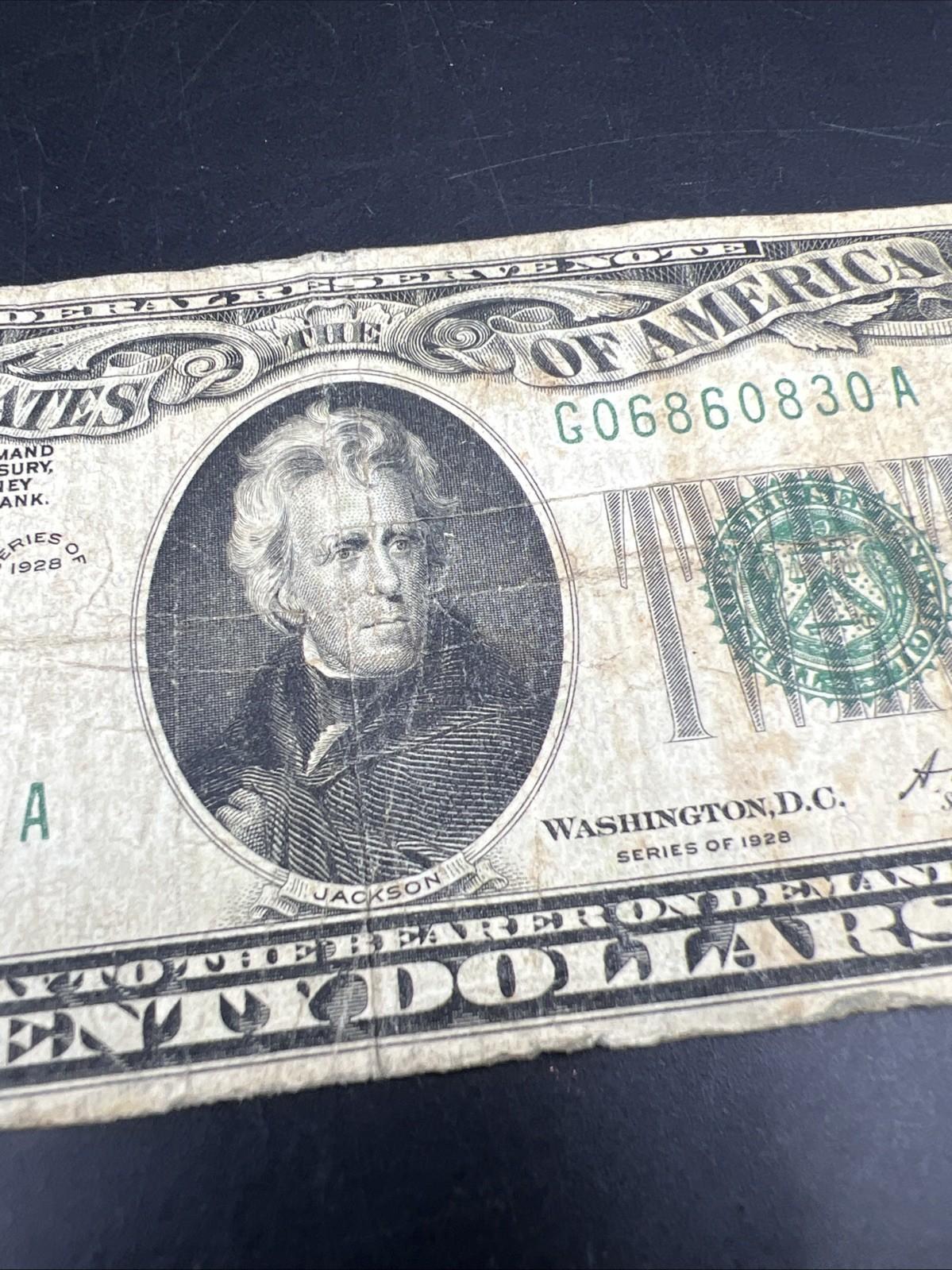 1928 $20 FRN Gold On Demand Federal Reserve Note G / VG Very Circ #830