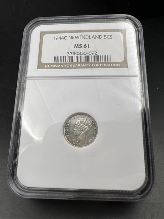 1944 C 5c Newfoundland 5c Five Cents Silver Coin NGC MS61 - Mirror like Surfaces