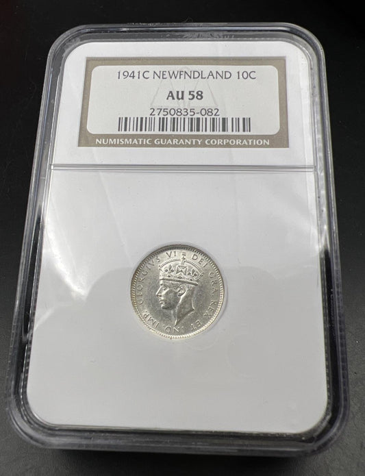1941 C Newfoundland 10c 10 Cents Silver Coin NGC AU58 About UNC