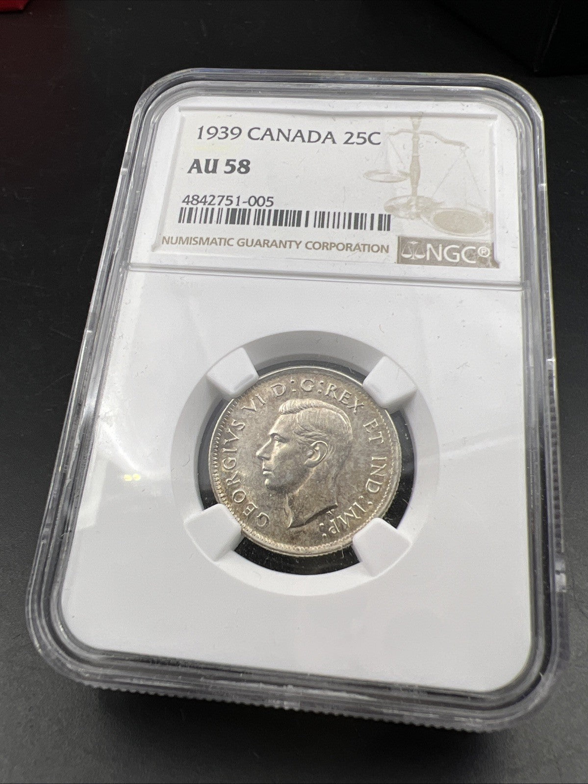1939 Canada 25c Silver Quarter Coin NGC AU58 About Unc Certified