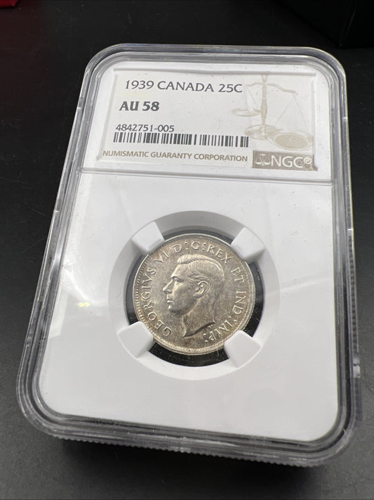 1939 Canada 25c Silver Quarter Coin NGC AU58 About Unc Certified