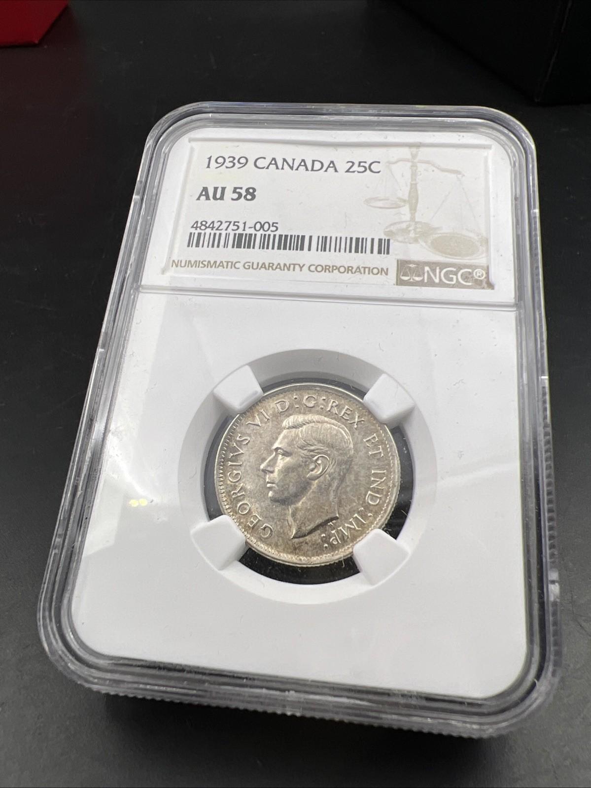 1939 Canada 25c Silver Quarter Coin NGC AU58 About Unc Certified