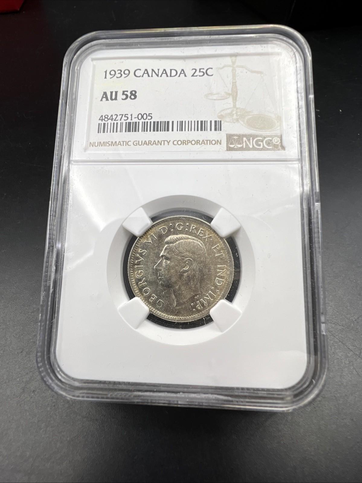 1939 Canada 25c Silver Quarter Coin NGC AU58 About Unc Certified