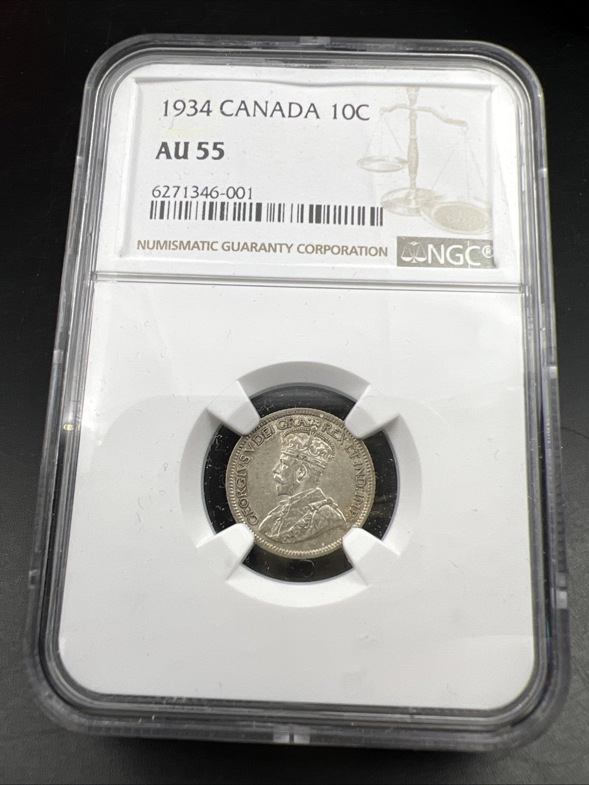 1934 Canada 10c Ten Cents Silver Coin Semi Key Date AU55 NGC Certified