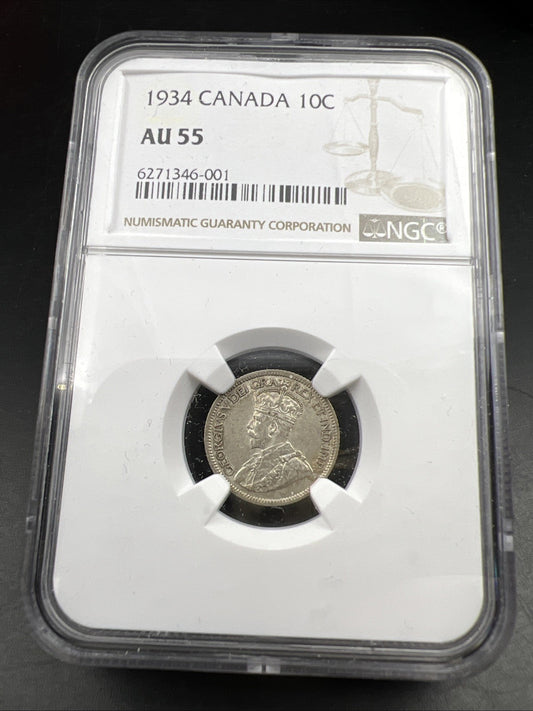 1934 Canada 10c Ten Cents Silver Coin Semi Key Date AU55 NGC Certified