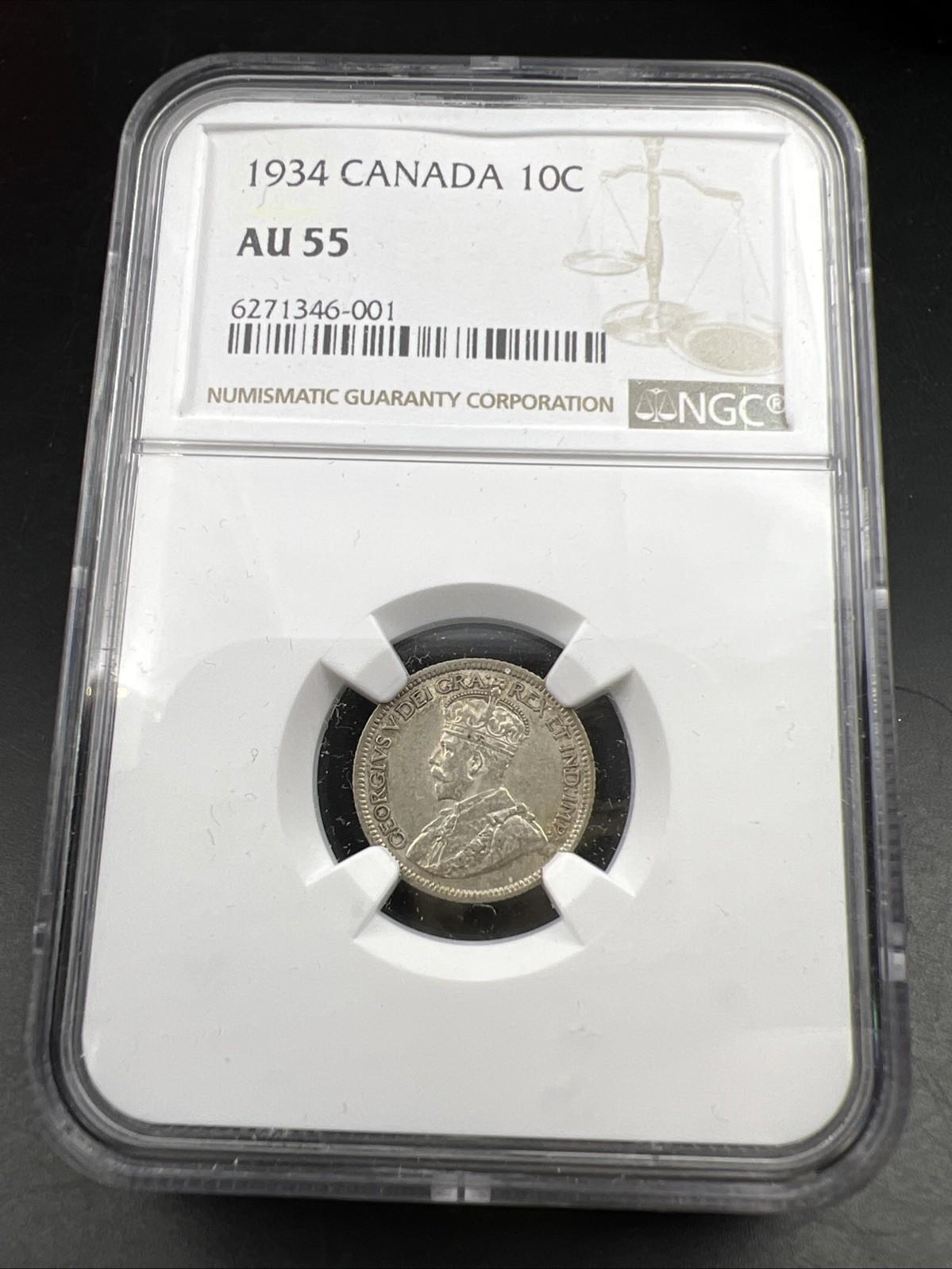 1934 Canada 10c Ten Cents Silver Coin Semi Key Date AU55 NGC Certified