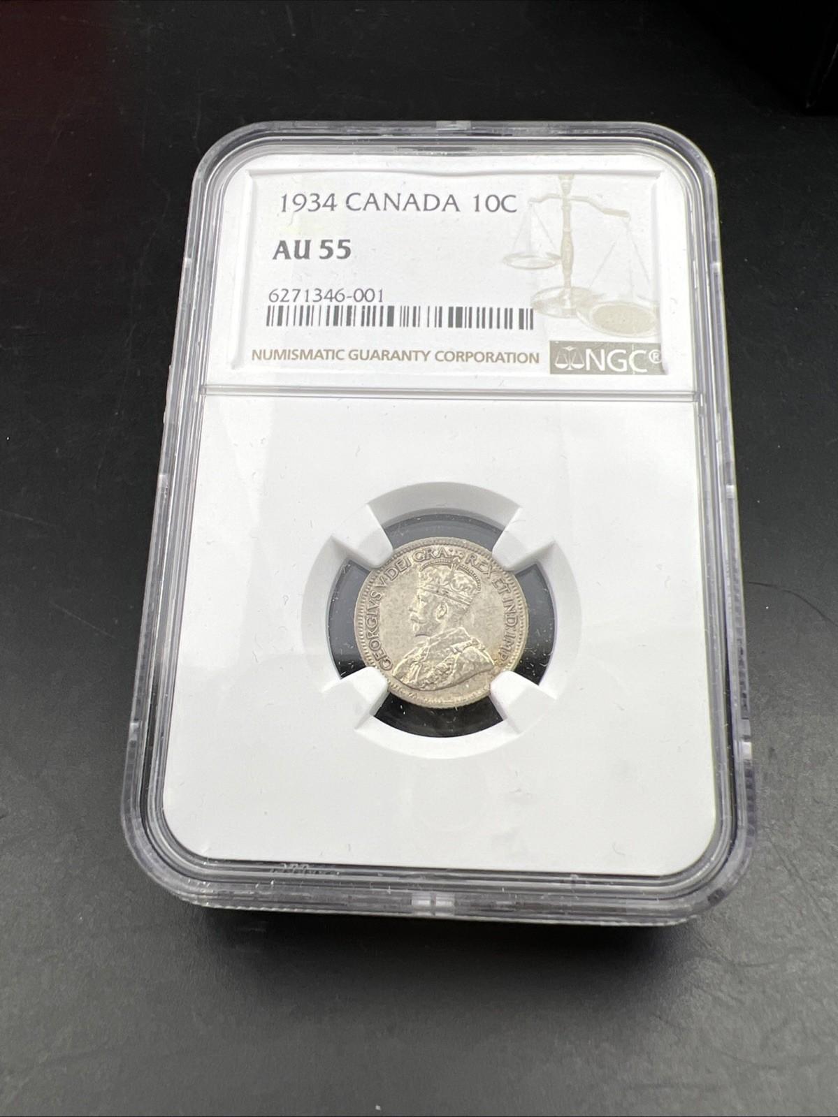 1934 Canada 10c Ten Cents Silver Coin Semi Key Date AU55 NGC Certified