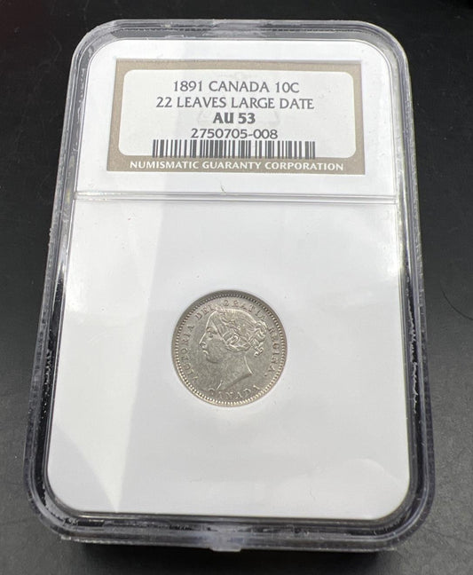 1891 Canada 10c Ten Cents 22 Leaves Large Date Variety AU53 About UNC