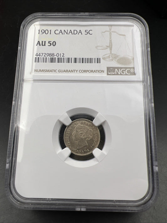 1901 Canada 5c 5 Cents Silver Coin NGC AU50 About UNC