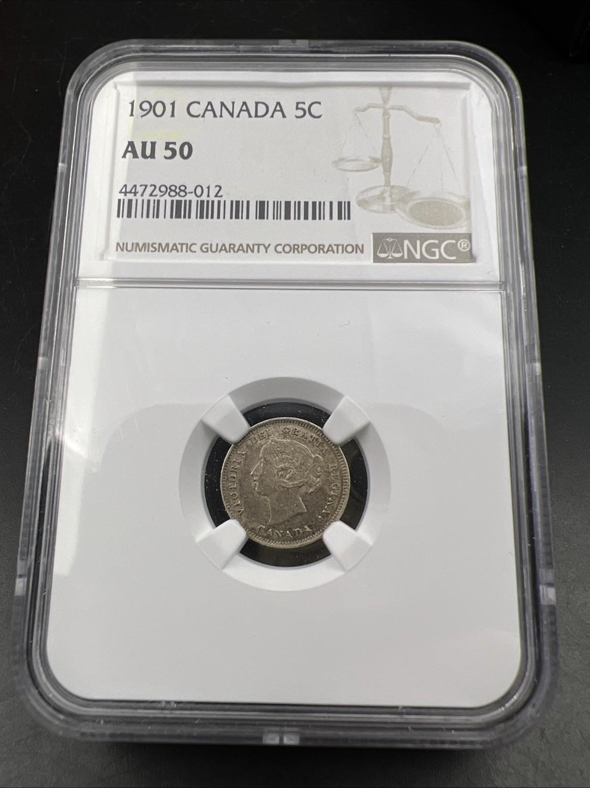 1901 Canada 5c 5 Cents Silver Coin NGC AU50 About UNC