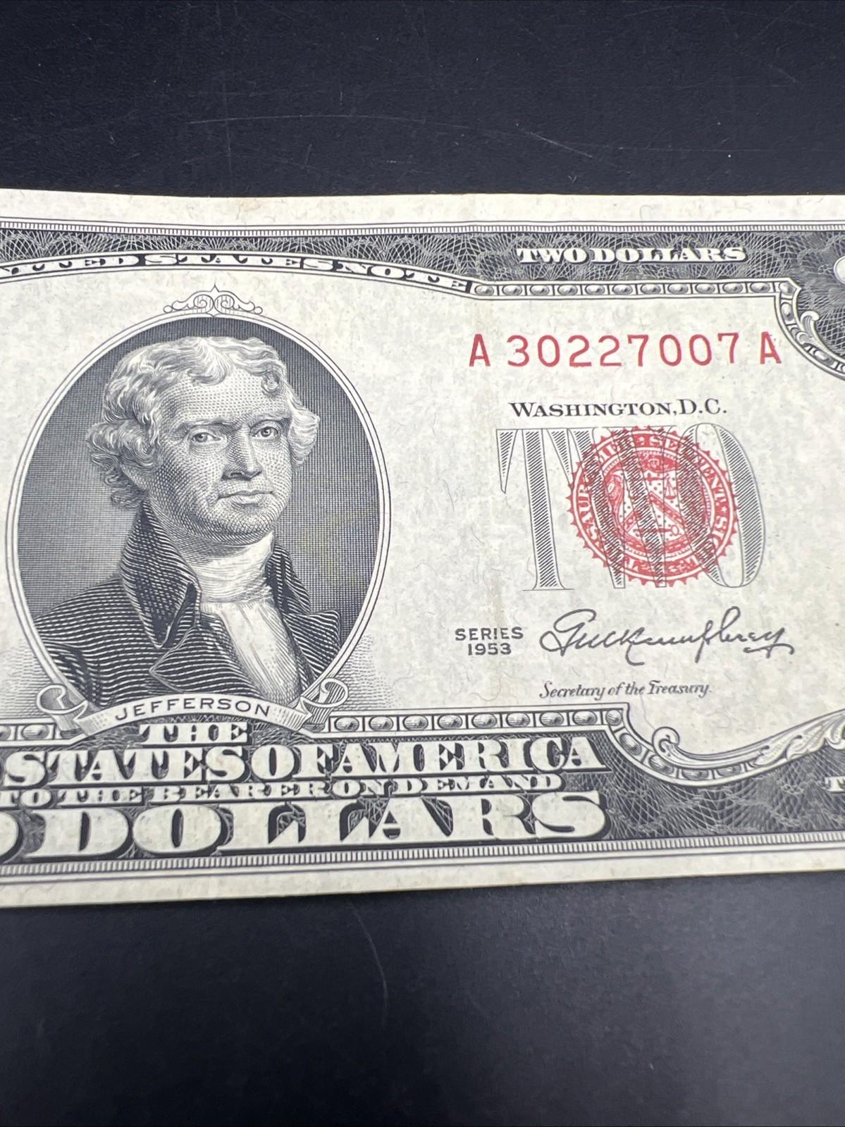 1953 $2 USN United States Note Two Dollar Bill CH VF Repeat Serial #30227007