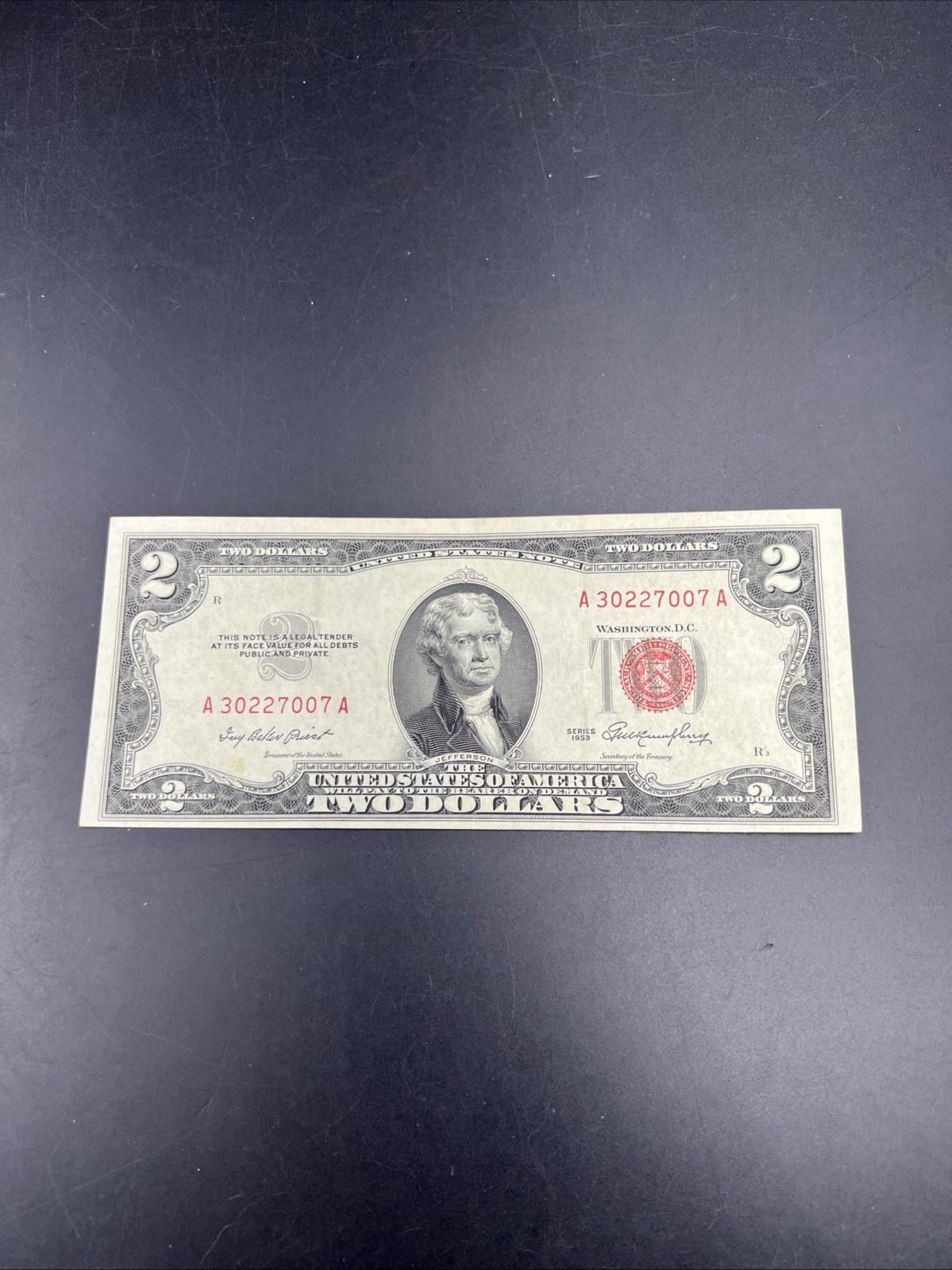 1953 $2 USN United States Note Two Dollar Bill CH VF Repeat Serial #30227007