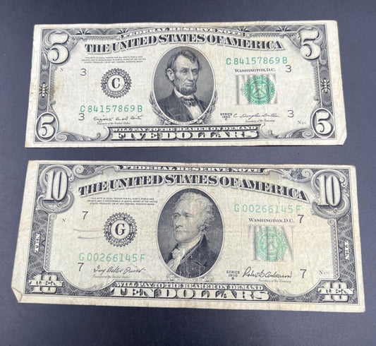 2 Note Set / Lot 1950 $5 & $10 FRN Federal Reserve Notes VG / F Conditions