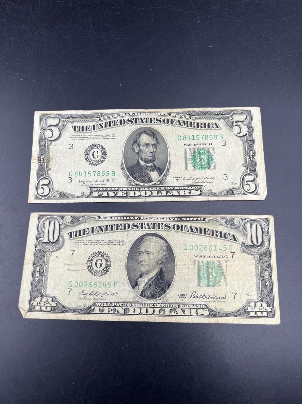 2 Note Set / Lot 1950 $5 & $10 FRN Federal Reserve Notes VG / F Conditions