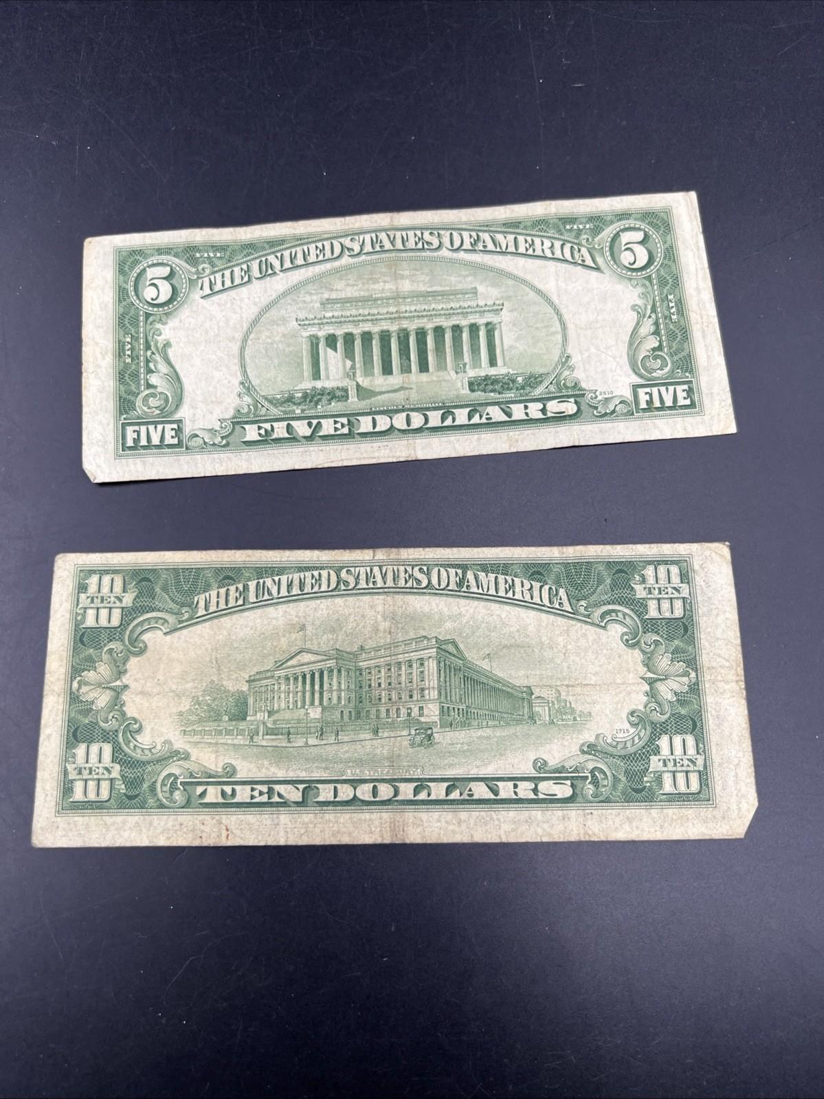2 Note Set / Lot 1950 $5 & $10 FRN Federal Reserve Notes VG / F Conditions
