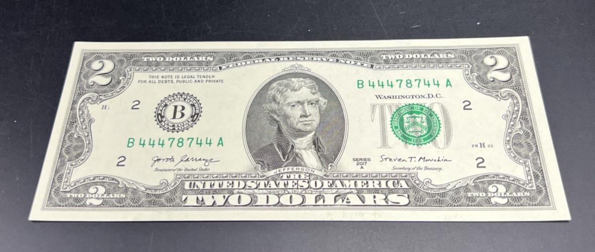 2017 $2 FRN Federal Reserve Note CH UNC Repeat Serial #44478744