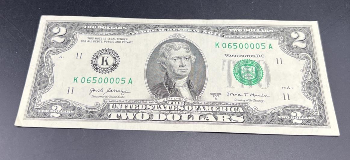 2017 $2 FRN Federal Reserve Note CH VF Repeat Serial #0650005