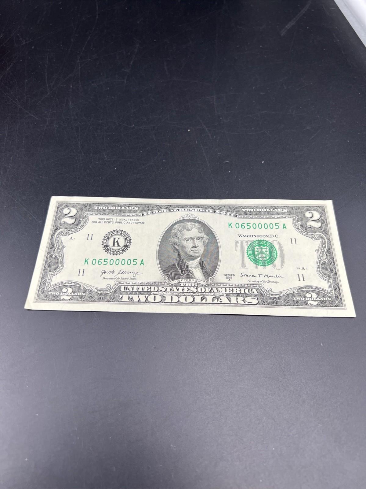 2017 $2 FRN Federal Reserve Note CH VF Repeat Serial #0650005