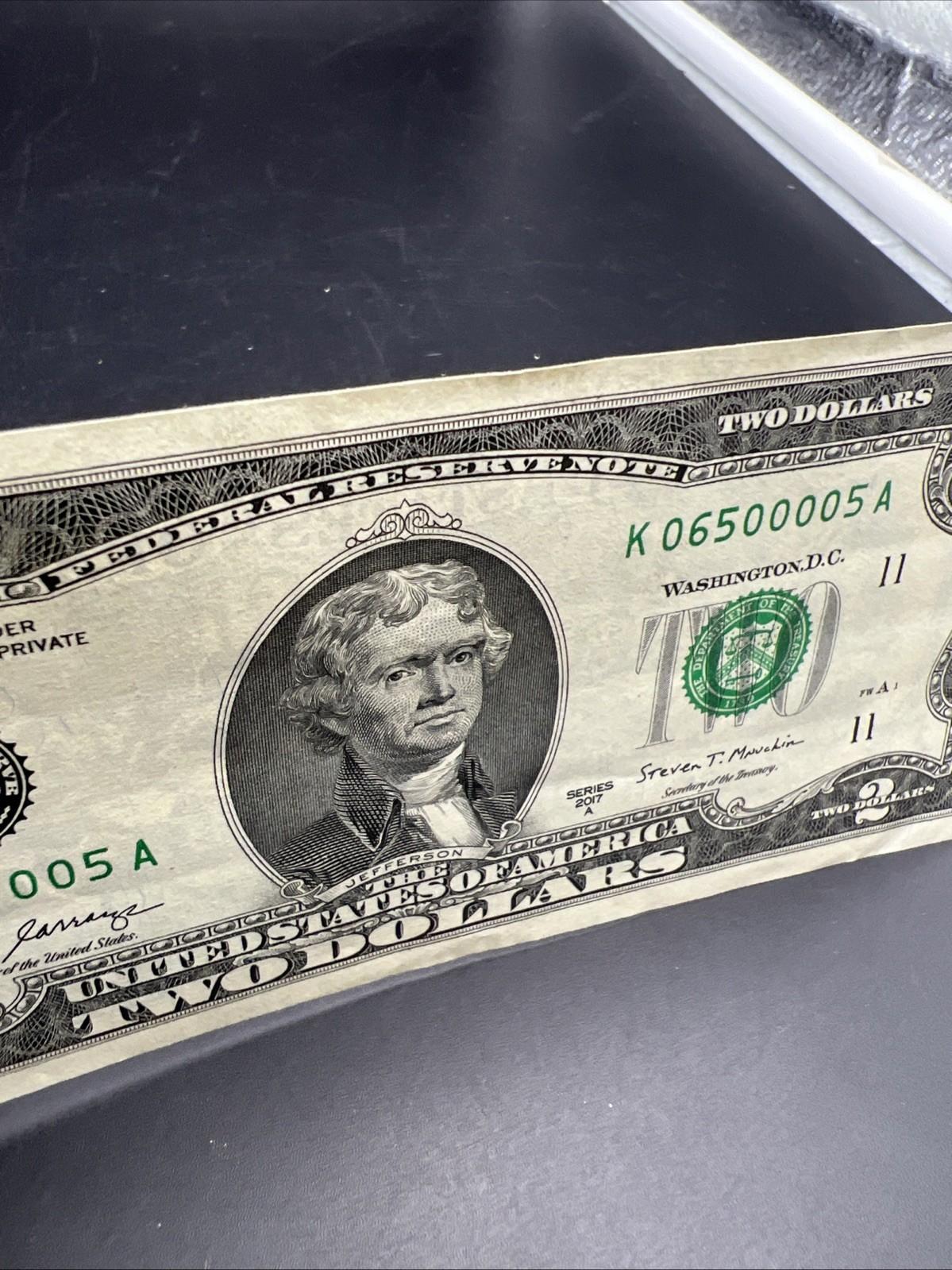 2017 $2 FRN Federal Reserve Note CH VF Repeat Serial #0650005