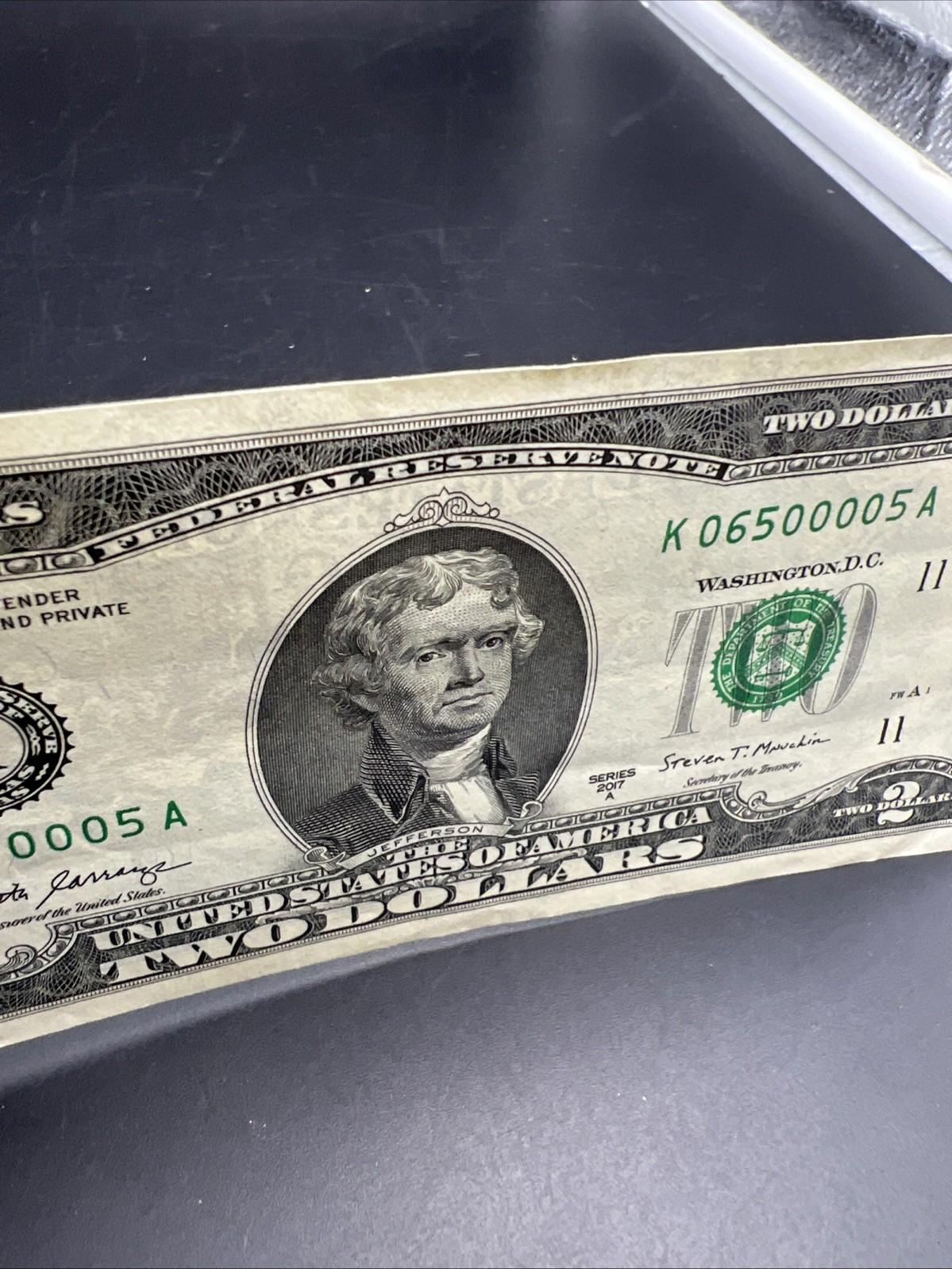 2017 $2 FRN Federal Reserve Note CH VF Repeat Serial #0650005