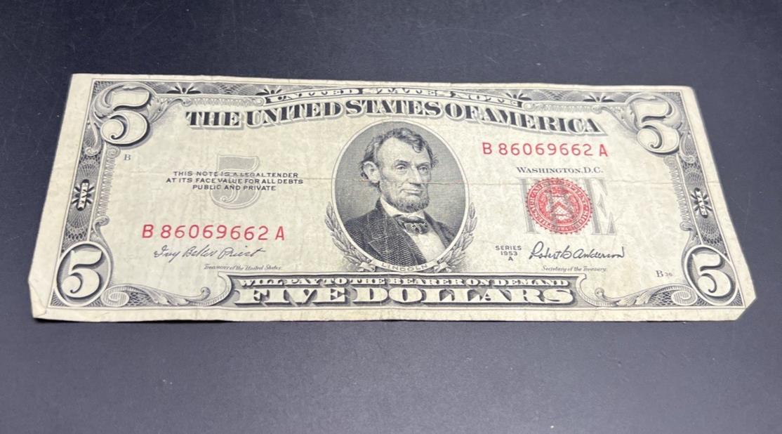 1953 A $5 Five Dollar USN United States Note Red Seal VG Circ #662