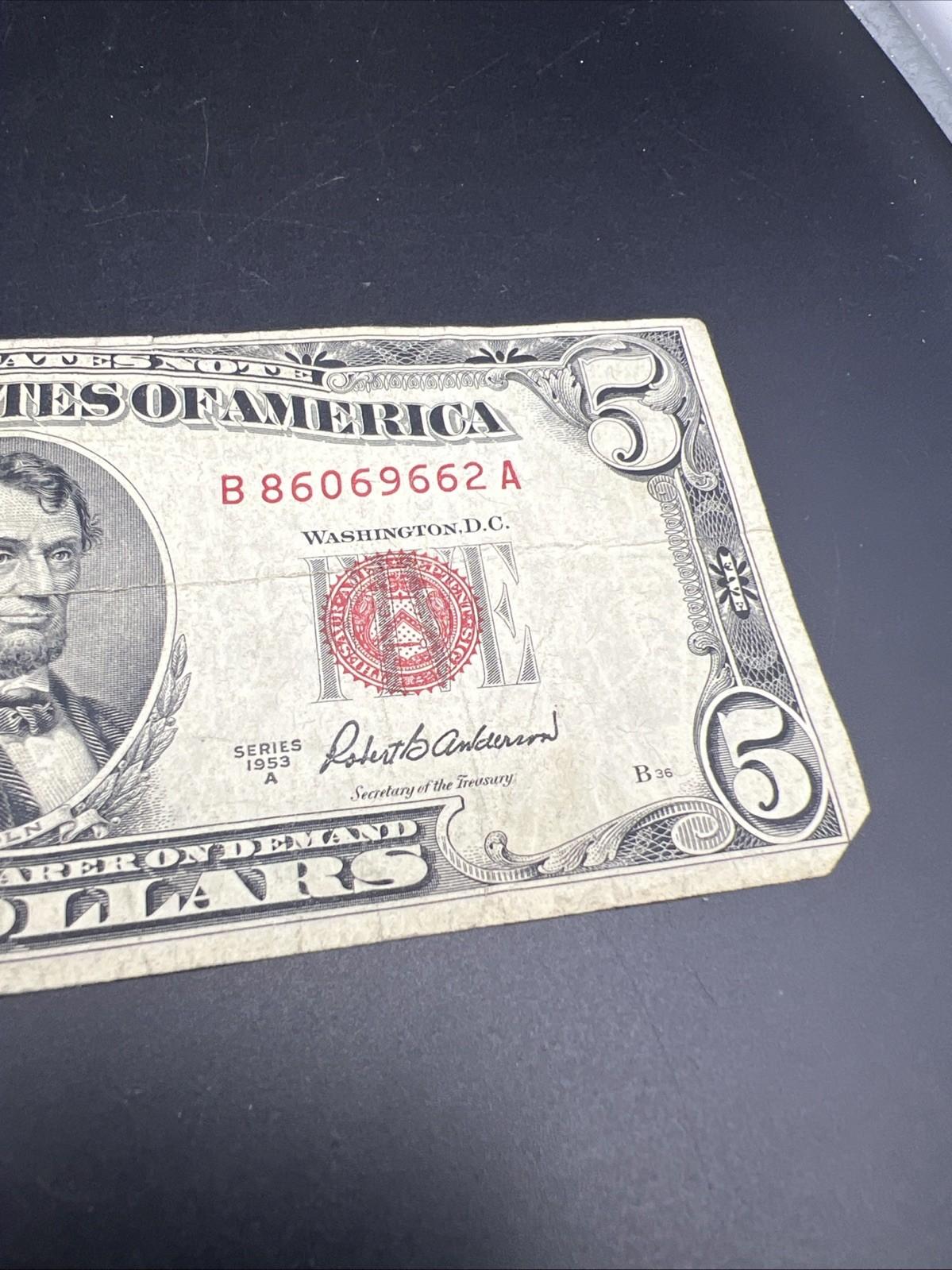 1953 A $5 Five Dollar USN United States Note Red Seal VG Circ #662