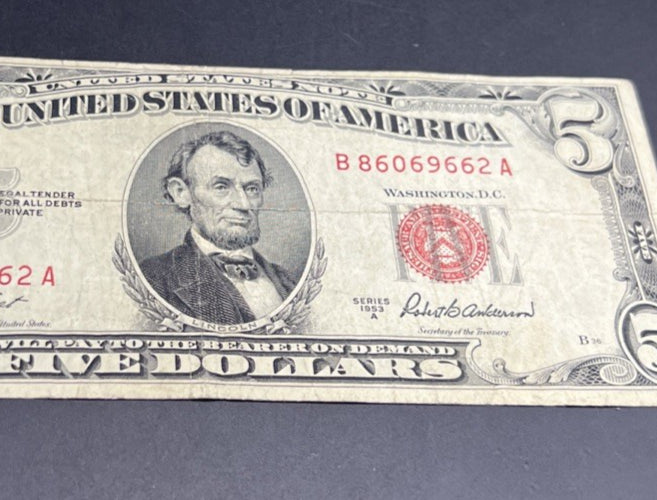 1953 A $5 Five Dollar USN United States Note Red Seal VG Circ #662