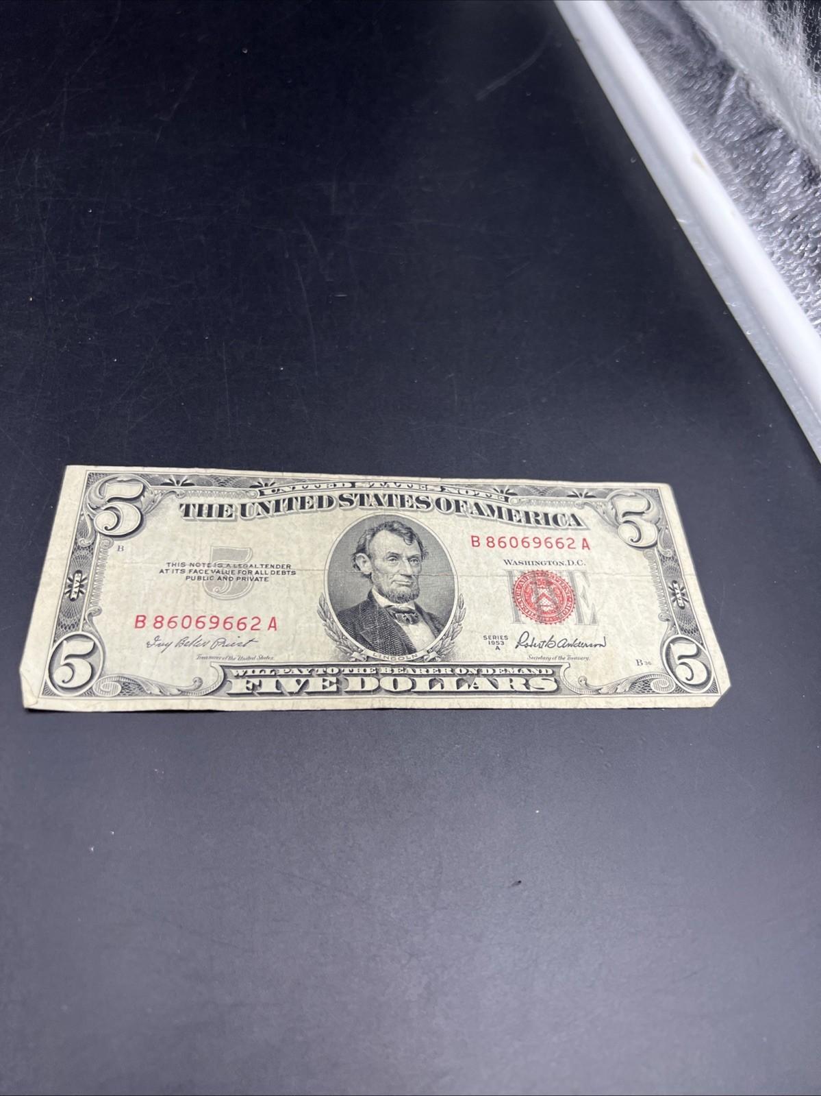 1953 A $5 Five Dollar USN United States Note Red Seal VG Circ #662