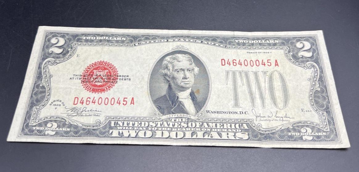 1928 F $2 USN United States Note Red Seal Fine Circ #46400045 Neat Serial #