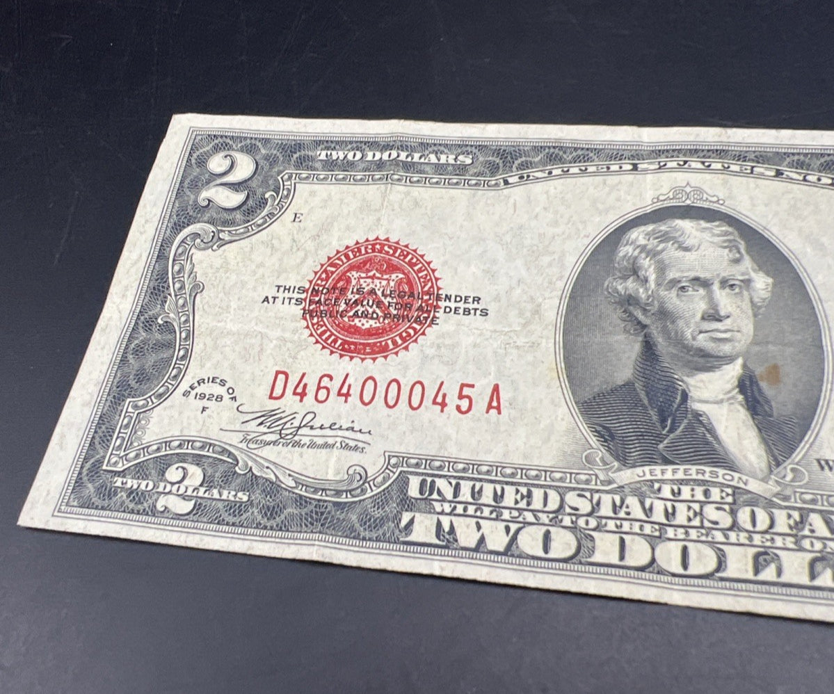 1928 F $2 USN United States Note Red Seal Fine Circ #46400045 Neat Serial #