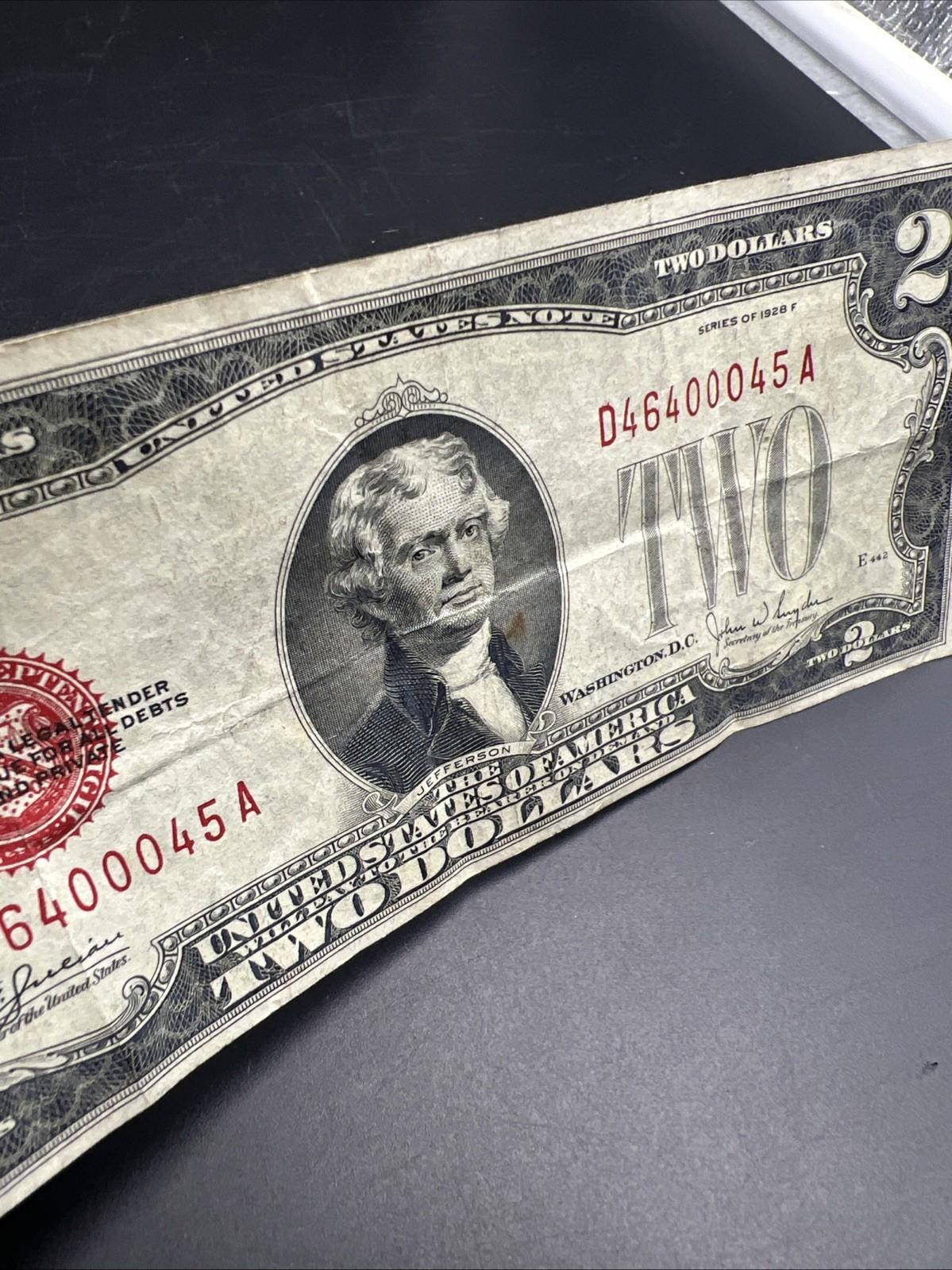 1928 F $2 USN United States Note Red Seal Fine Circ #46400045 Neat Serial #