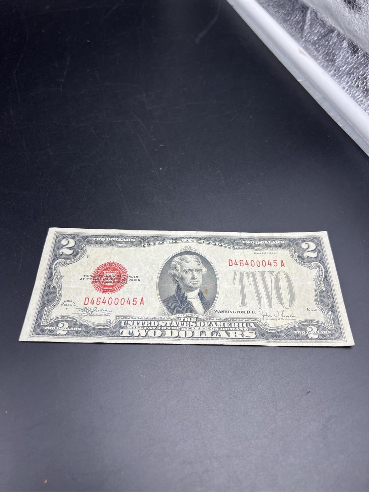 1928 F $2 USN United States Note Red Seal Fine Circ #46400045 Neat Serial #