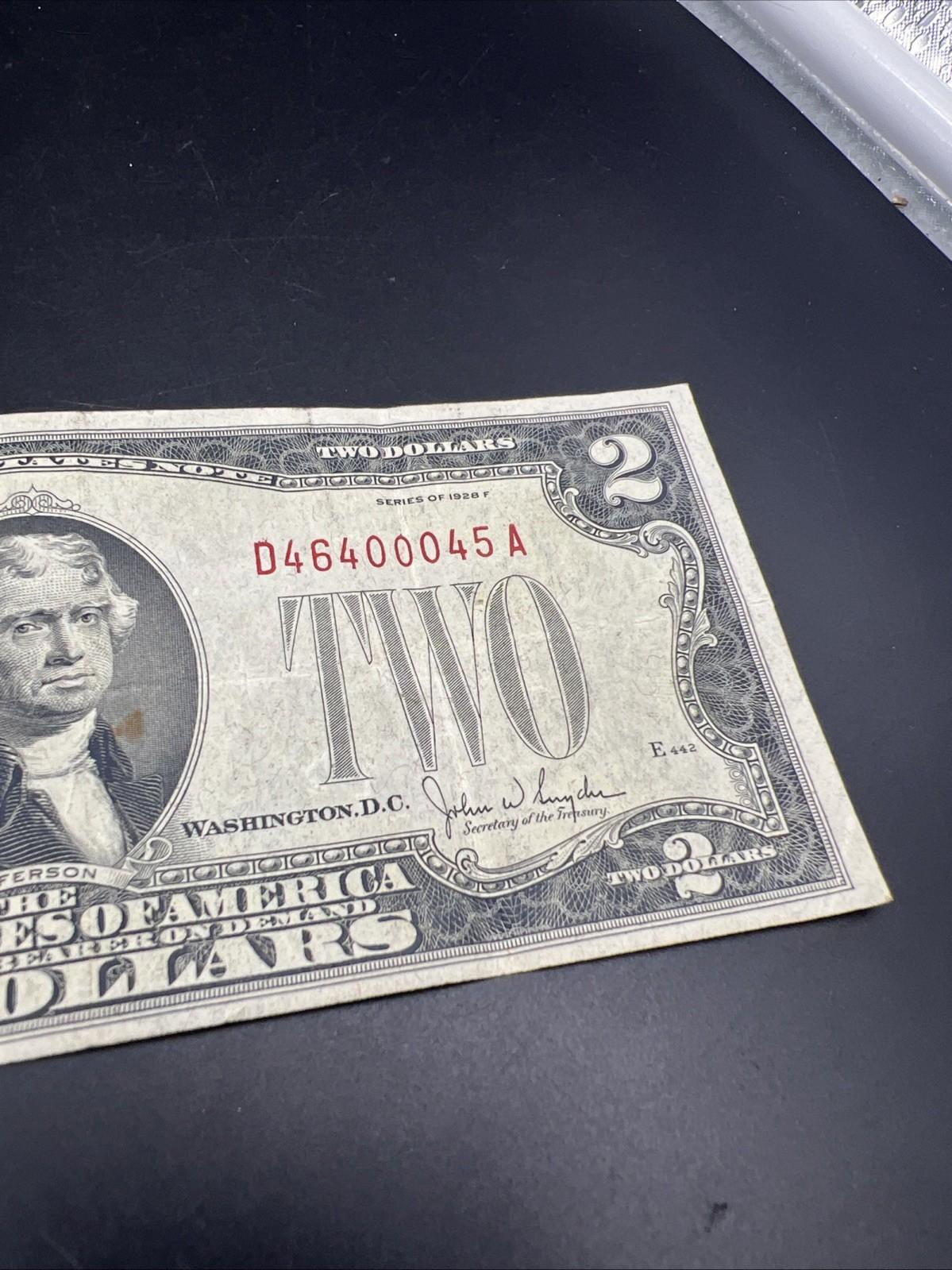 1928 F $2 USN United States Note Red Seal Fine Circ #46400045 Neat Serial #